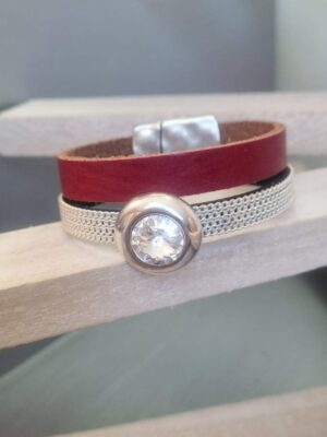 Bracelet femme 20mm cuir plat rouge et argenté, passant Swarovski