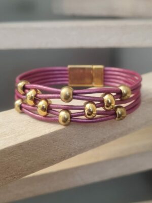 Bracelet femme cuir rond rose et ses perles dorées