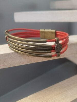 bracelet femme cuir rond orange, tubes et passants bronze