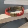 bracelet femme cuir rond orange, tubes et passants bronze