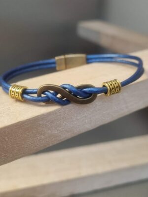 Bracelet femme cuir rond bleu et sigle infini bronze