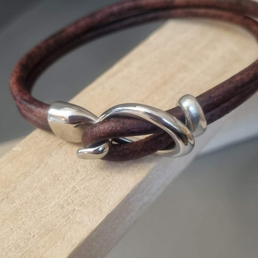 Bracelet homme cuir rond marron et fermoir crochet