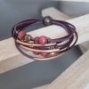 Bracelet femme en cuir rond violet et mauve, perles et tubes bronze et rose