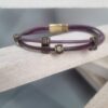 Bracelet mixte en cuir rond violet et acajou, perles bronze