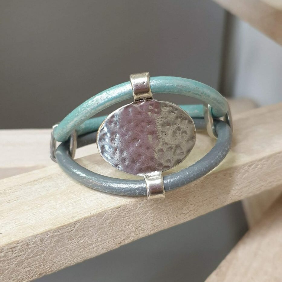 Bracelet femme cuir rond et passant ovale en étain