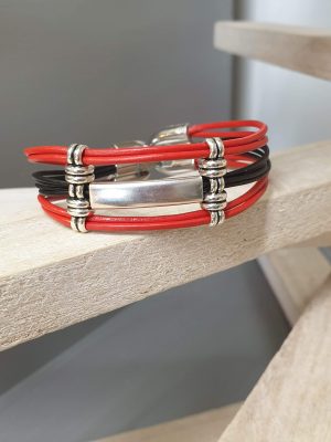 Bracelet femme cuir rond rouge et noir, passants argentés