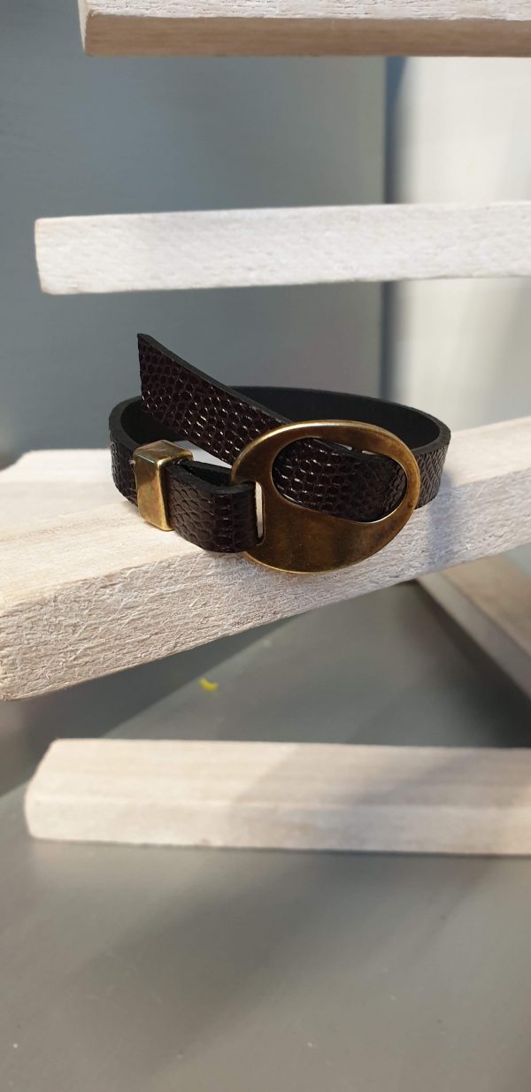 Bracelet homme cuir grainé marron fermoir passant bronze