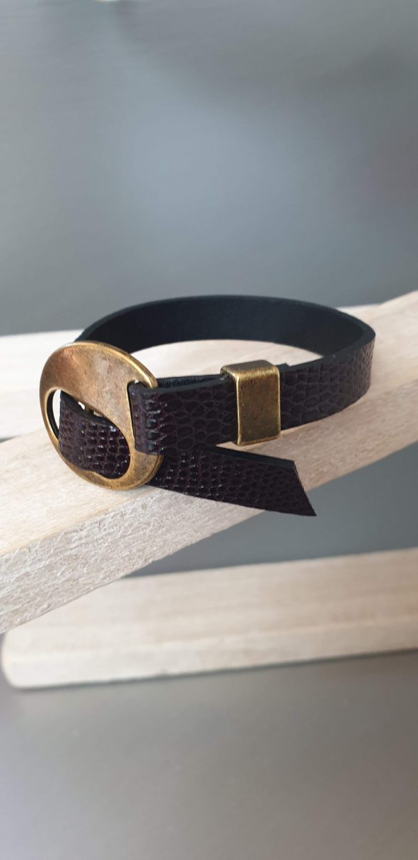 Bracelet homme cuir grainé marron fermoir passant bronze