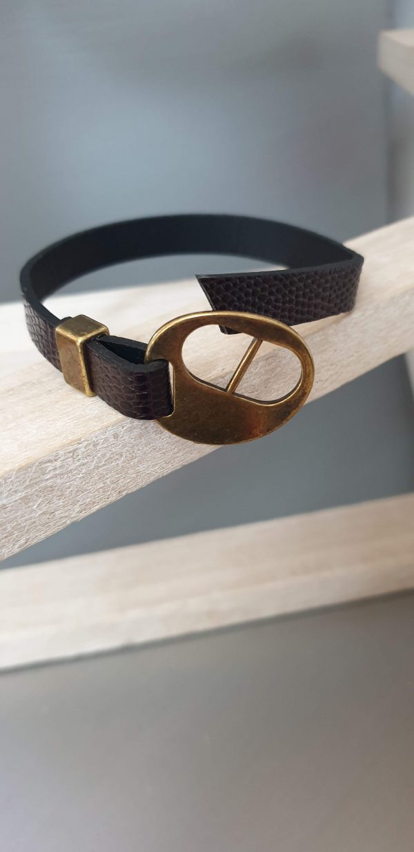 Bracelet homme cuir grainé marron fermoir passant bronze