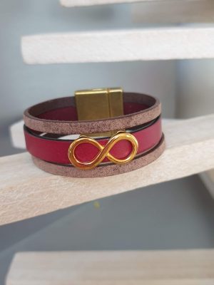 Manchette femme 20mm cuir plat bordeaux et marron, passant infini doré