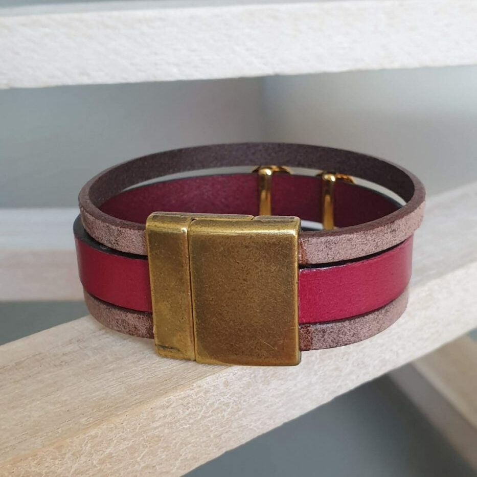 Manchette femme 20mm cuir plat bordeaux et marron, passant infini doré