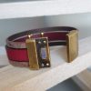 Manchette femme 20mm cuir plat bordeaux et marron, passant infini doré