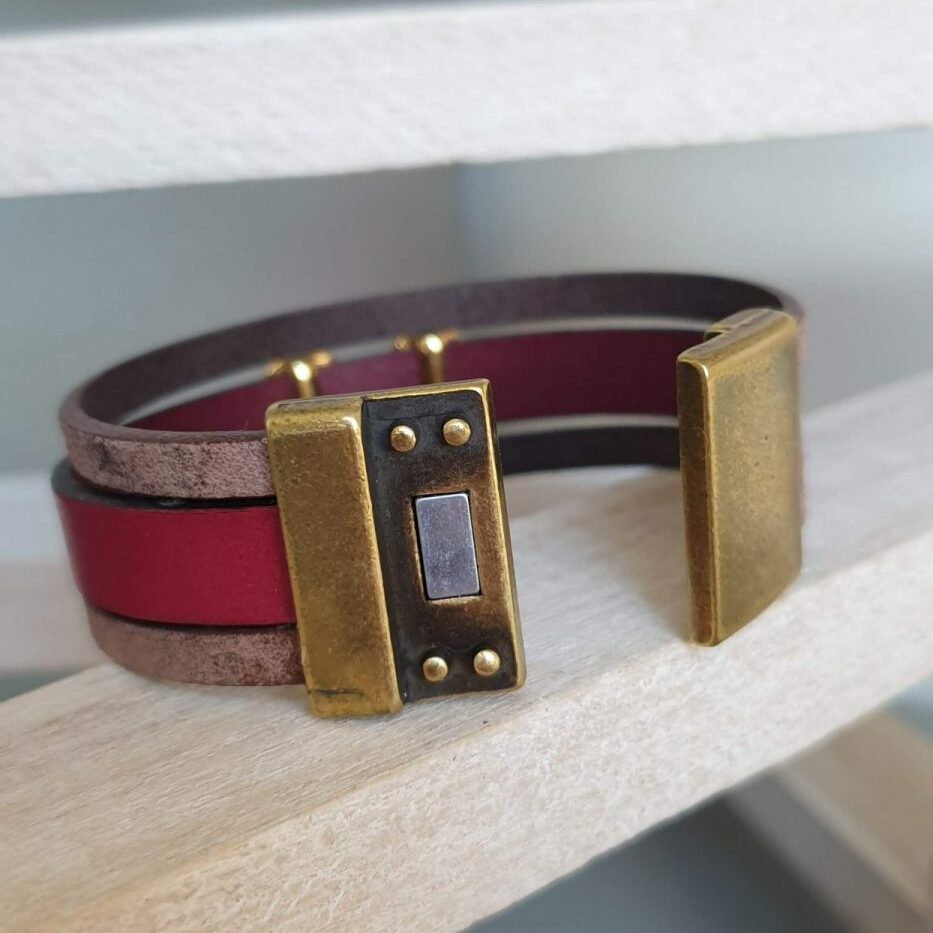 Manchette femme 20mm cuir plat bordeaux et marron, passant infini doré