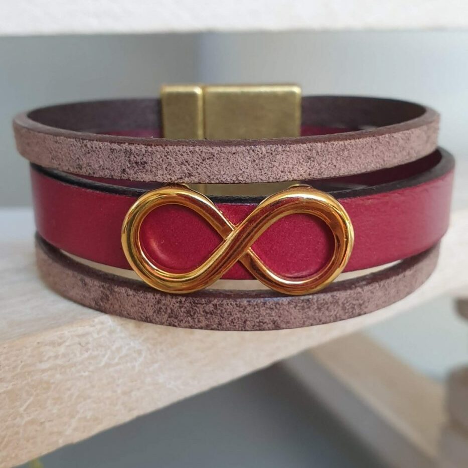 Manchette femme 20mm cuir plat bordeaux et marron, passant infini doré
