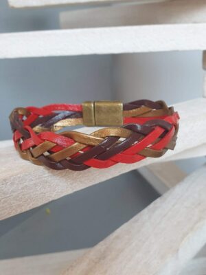 Bracelet mixte en cuir 3mm tressé rouge, bronze et marron