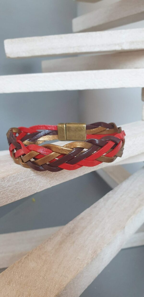 Bracelet mixte en cuir 3mm tressé rouge, bronze et marron