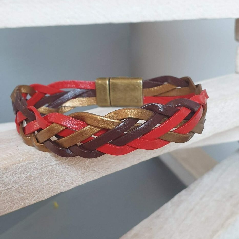 Bracelet mixte en cuir 3mm tressé rouge, bronze et marron