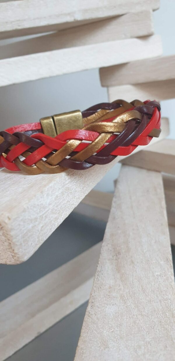 Bracelet mixte en cuir 3mm tressé rouge, bronze et marron