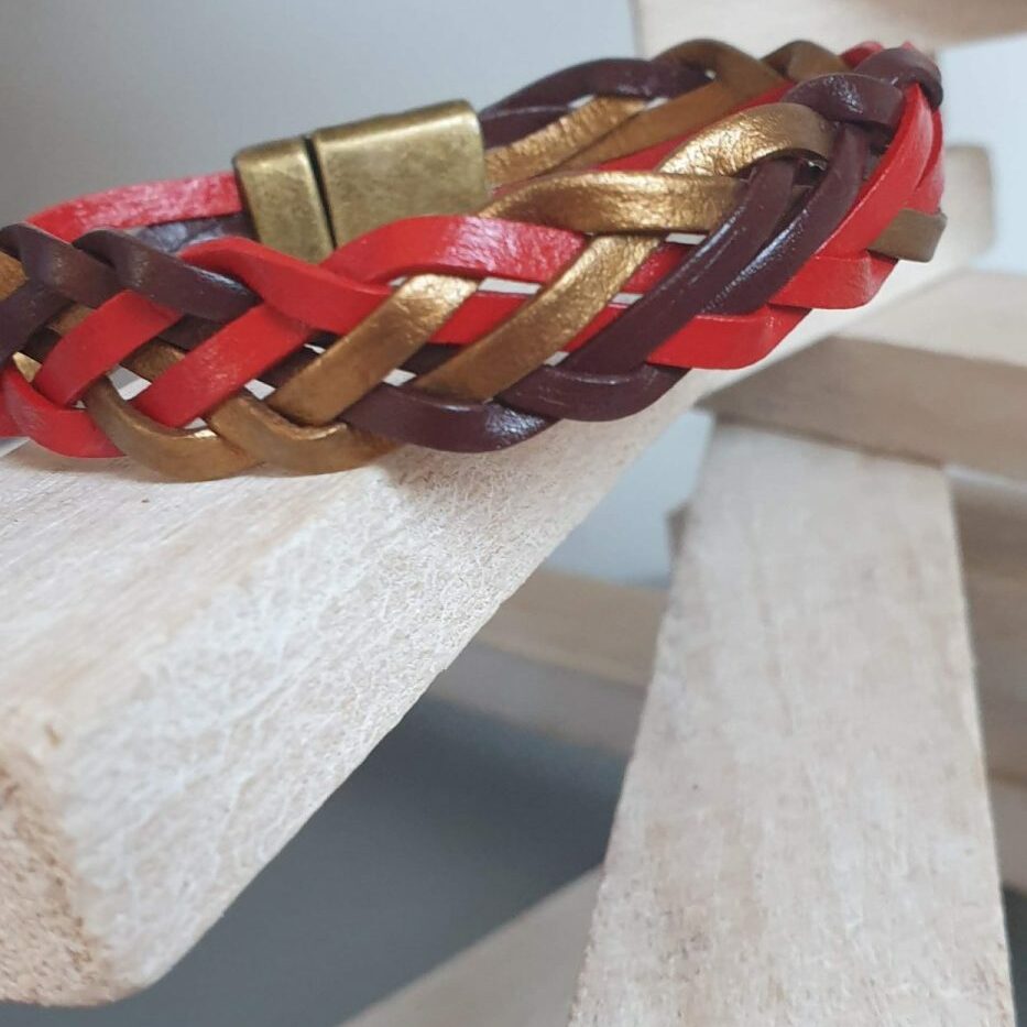 Bracelet mixte en cuir 3mm tressé rouge, bronze et marron