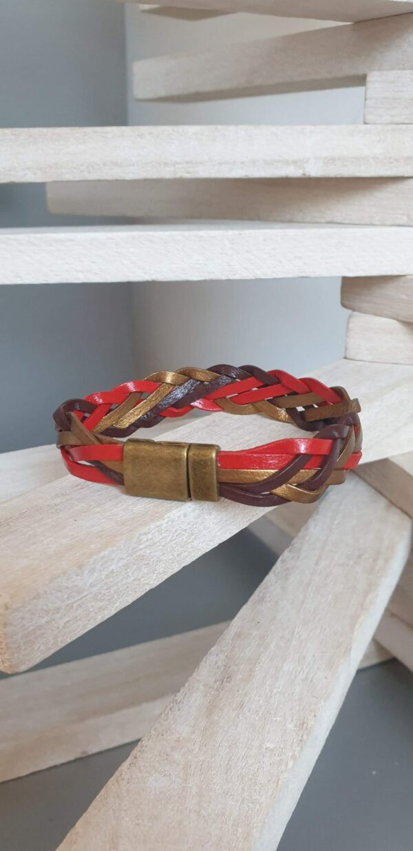 Bracelet mixte en cuir 3mm tressé rouge, bronze et marron