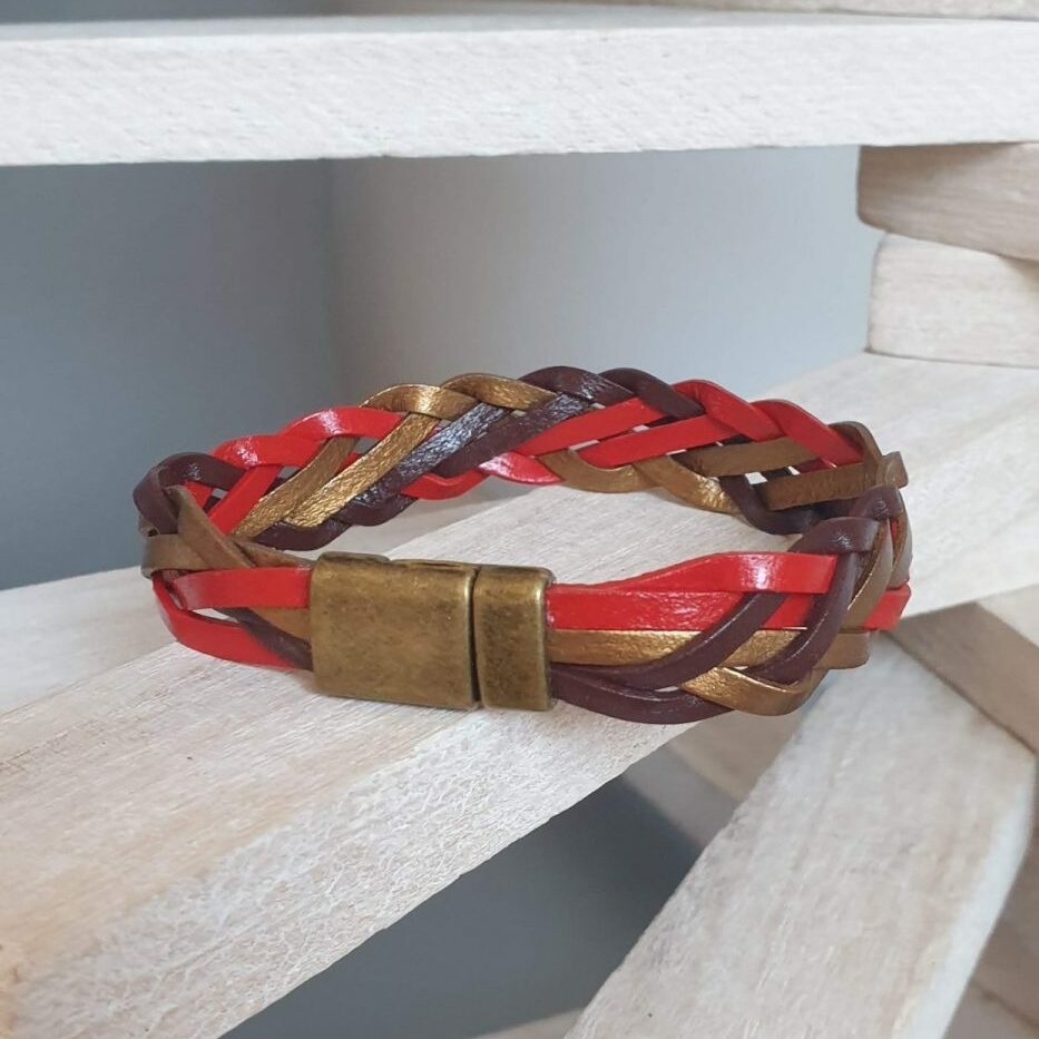 Bracelet mixte en cuir 3mm tressé rouge, bronze et marron