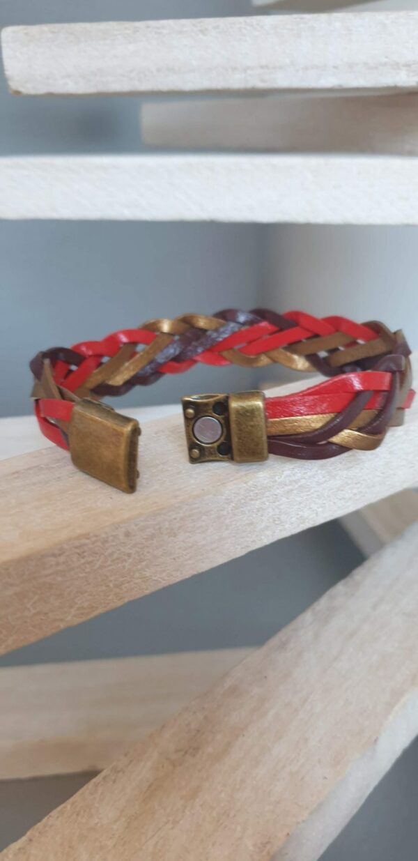 Bracelet mixte en cuir 3mm tressé rouge, bronze et marron