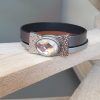 Bracelet femme 15mm cuir gris et fermoir verre transparent