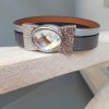 Bracelet femme 15mm cuir gris et fermoir verre transparent