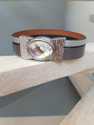 Bracelet femme 15mm cuir gris et fermoir verre transparent
