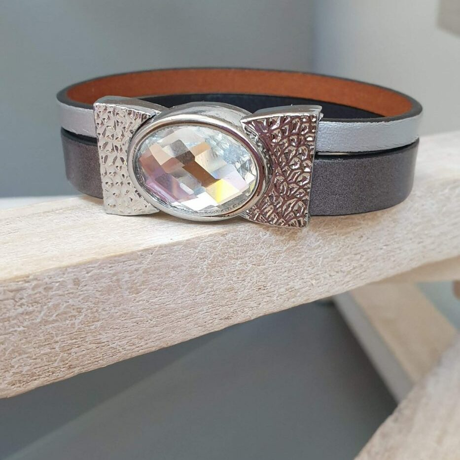 Bracelet femme 15mm cuir gris et fermoir verre transparent