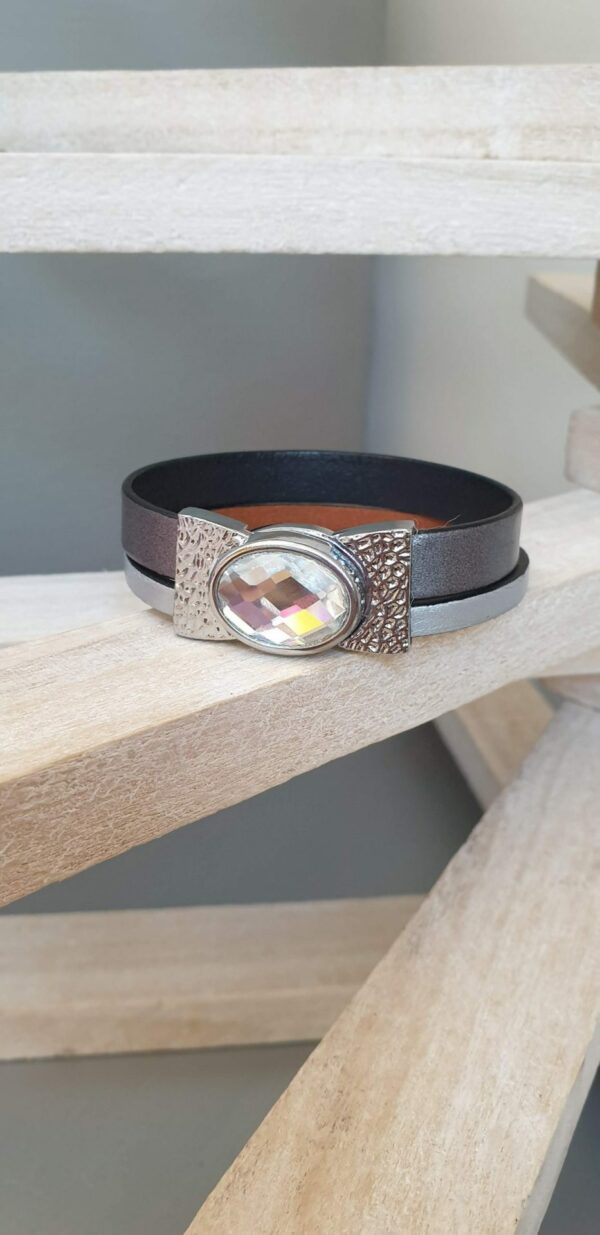 Bracelet femme 15mm cuir gris et fermoir verre transparent