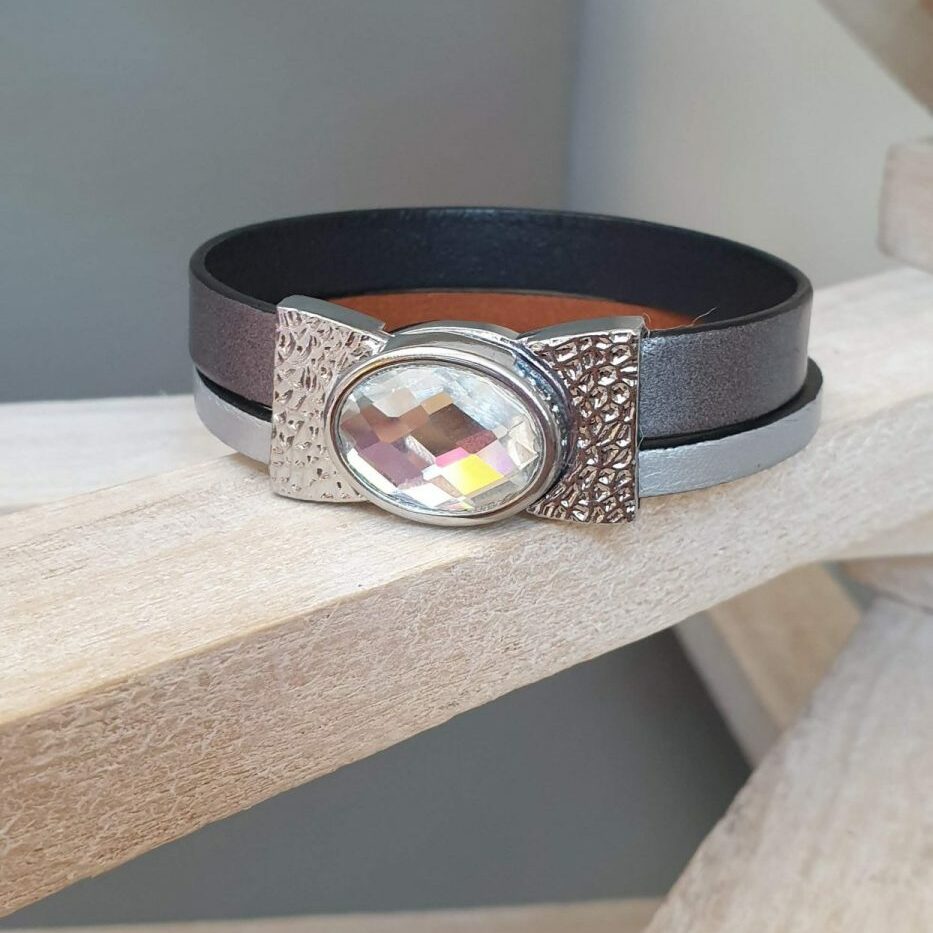 Bracelet femme 15mm cuir gris et fermoir verre transparent