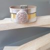 Manchette femme 30mm en cuir plat doré et argenté