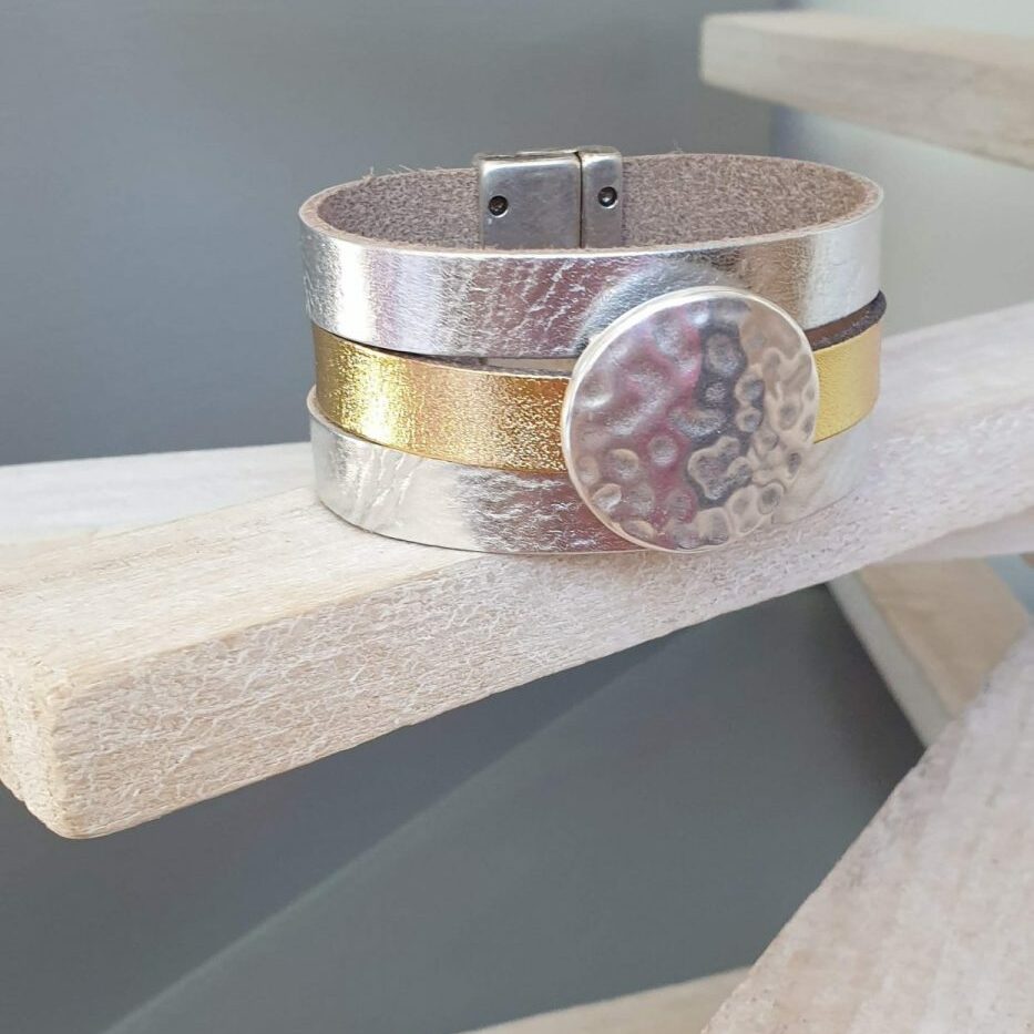 Manchette femme 30mm en cuir plat doré et argenté