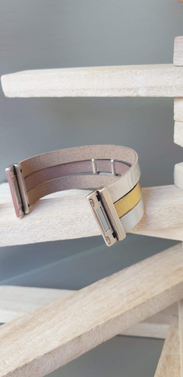 Manchette femme 30mm en cuir plat doré et argenté