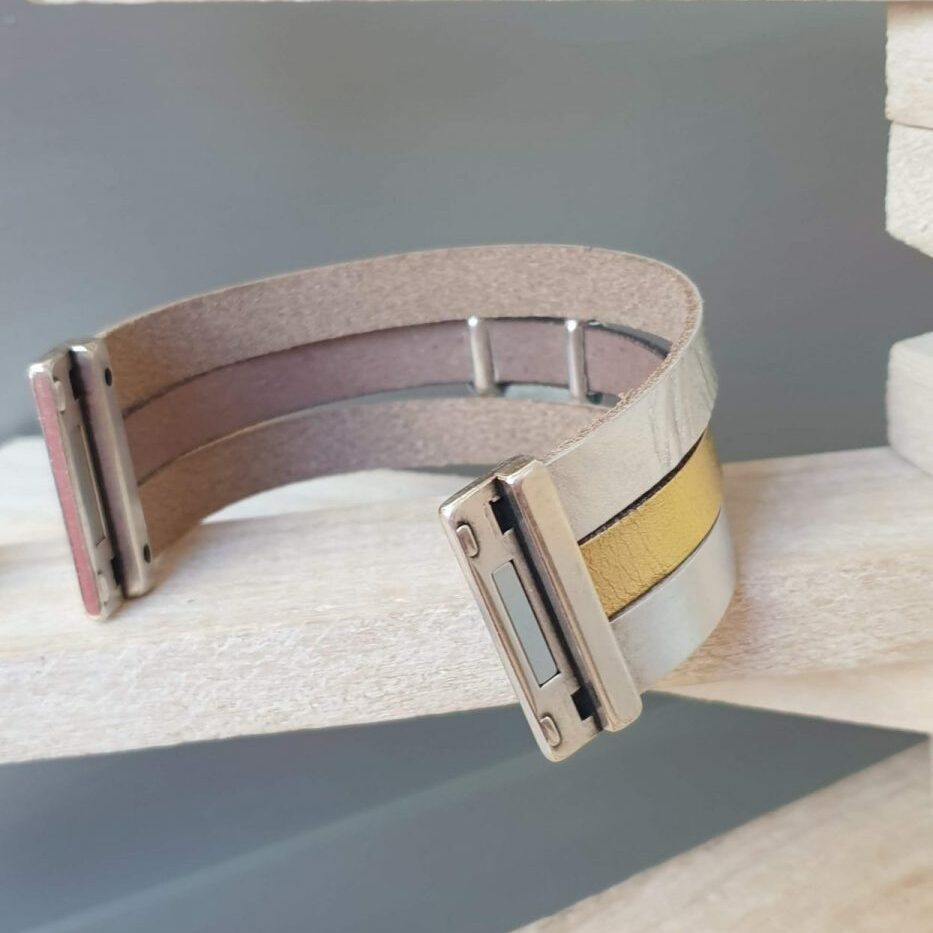 Manchette femme 30mm en cuir plat doré et argenté