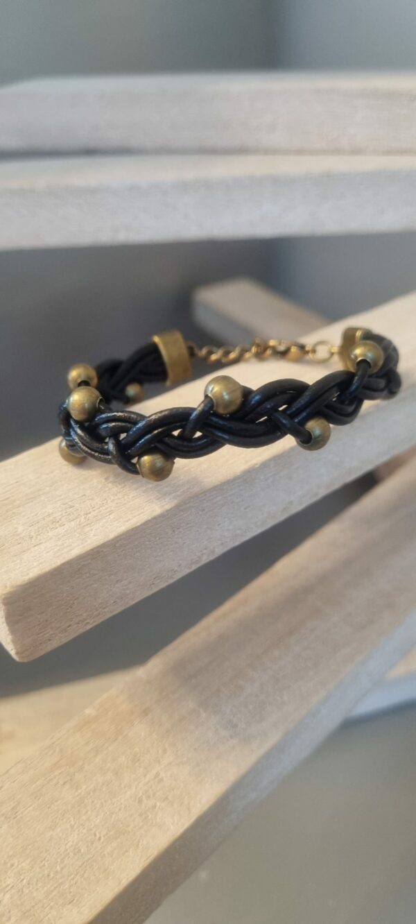 Bracelet mixte en cuir rond noir et perles bronze