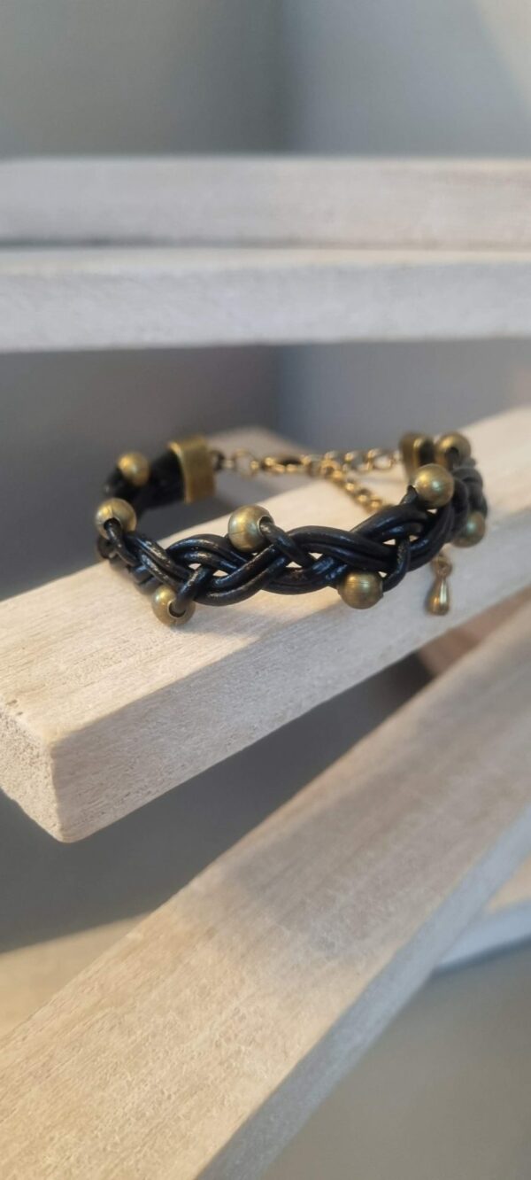 Bracelet mixte en cuir rond noir et perles bronze