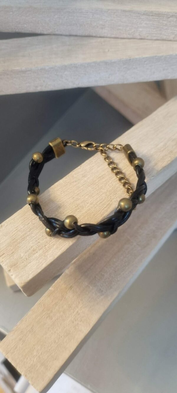 Bracelet mixte en cuir rond noir et perles bronze