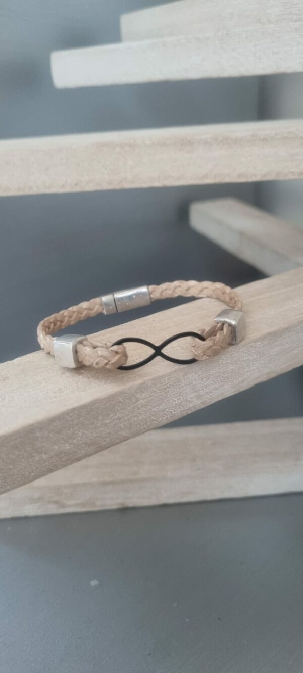 Bracelet mixte cuir tressé champagne et infini noir