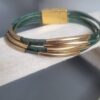 Bracelet femme en cuir rond 2mm vert et tubes dorés