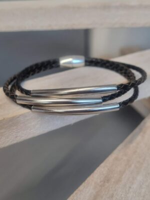 Bracelet homme cuir tressé marron et tubes argentés