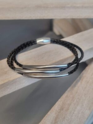 Bracelet homme cuir tressé marron et tubes argentés