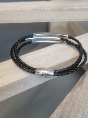 Bracelet homme cuir tressé marron et tubes argentés