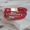 Bracelet femme en cuir tressé rouge, perles et tubes