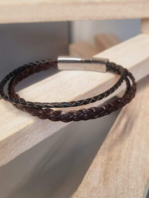 Bracelet homme cuir plat et rond tressé marron