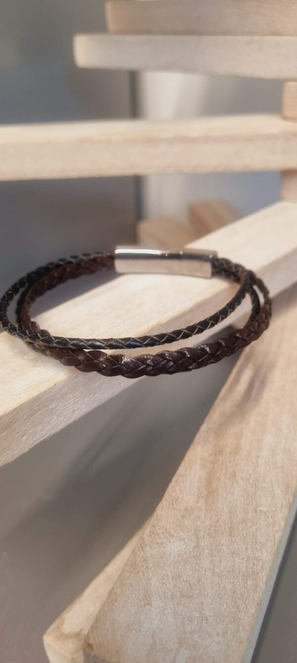 Bracelet homme cuir plat et rond tressé marron