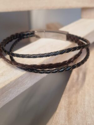 Bracelet homme cuir plat et rond tressé marron