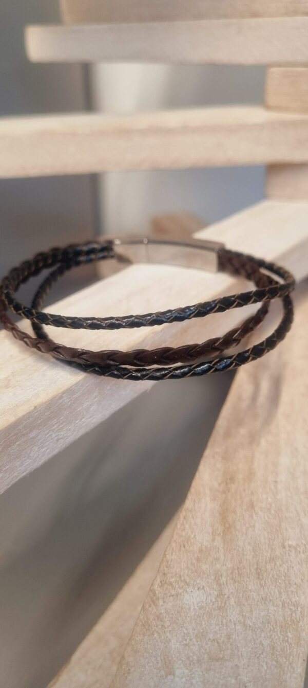 Bracelet homme cuir plat et rond tressé marron