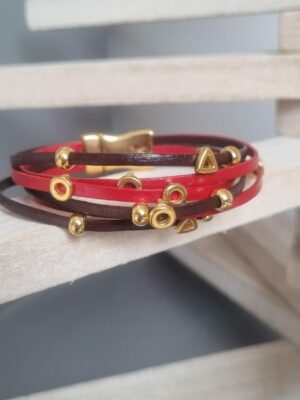 Bracelet femme en cuir 3mm rouge et marron, perles dorées